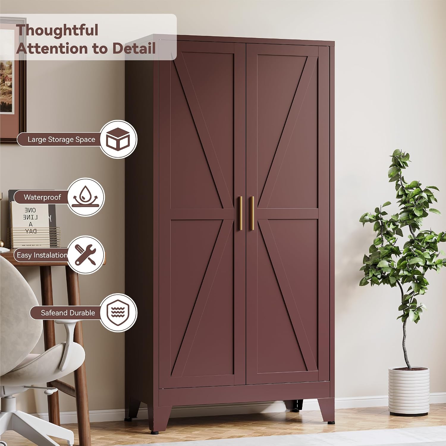 Baborokic 61H Metal Storage Cabinet with 2 Doors and Adjustable Shelves,Farmhouse Storage Cabinet with Barn Doors,Pantry Storage for Home,Office,Dining Room,Kitchen(Burgundy)