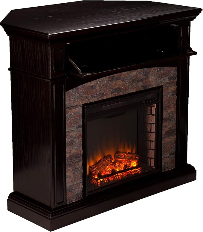 SEI FURNITURE Grantham Faux Stone Corner Electric Media Fireplace, Ebony Finish.