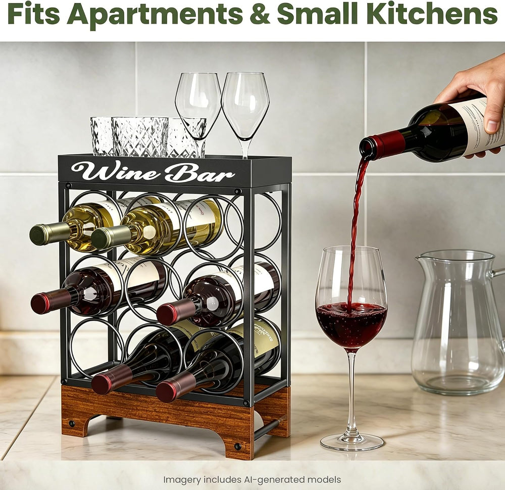 9 Bottles Wine Racks Countertop Freestanding with Top Tray, Modern Black Meta...