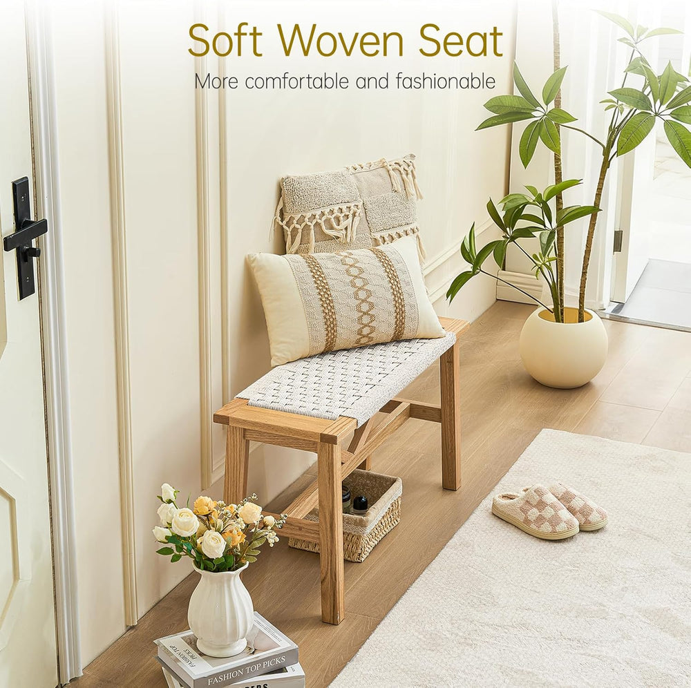 Solid Wood Narrow Bench, 33.46" Woven Bench for Entryway and Hallway, En...