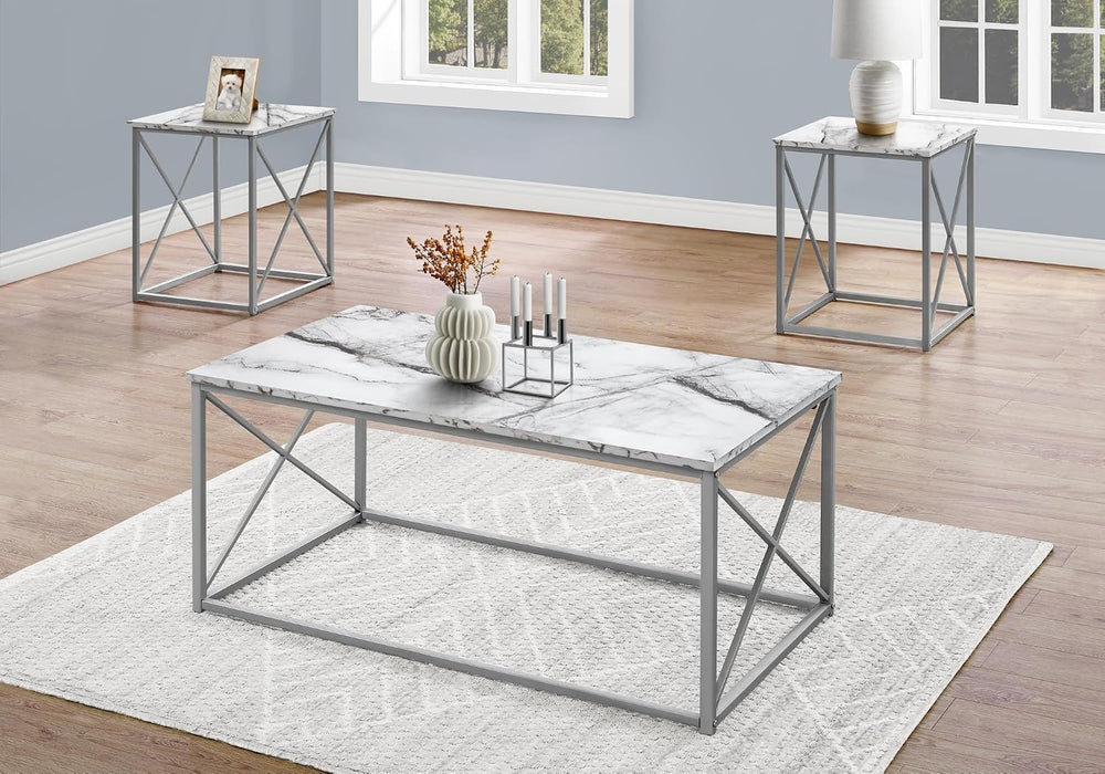 3-Piece Modern Table Set with White Marble Look Laminate and Grey Metal | Gre...