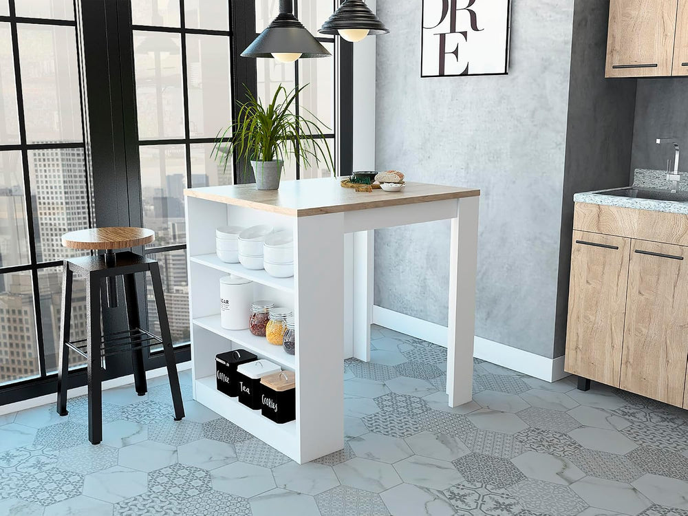 Kitchen Island with Three Drawers and Concealed Storage | Three open shelves ...