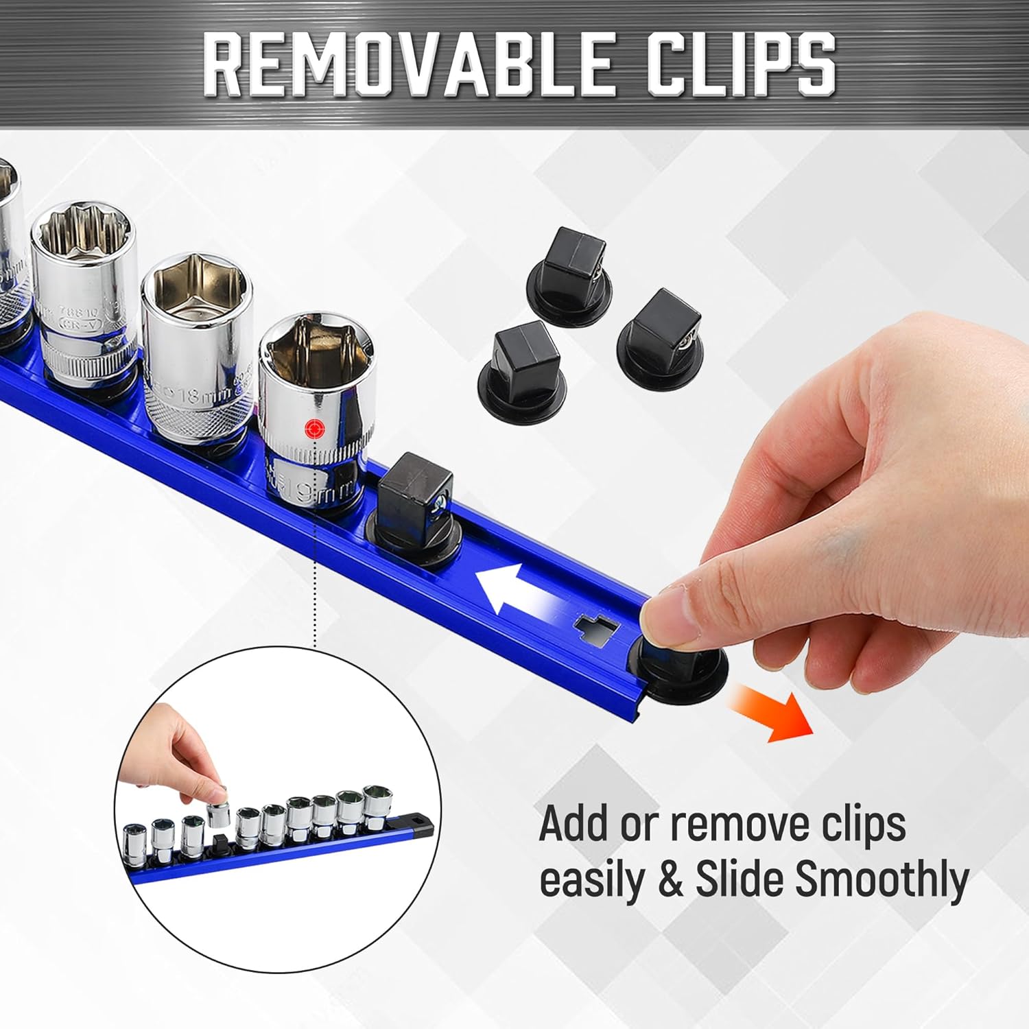 ALOANES 3-Piece Magnetic Socket Organizer, Heavy Duty Aluminum Socket Rails Organizer, 360° Swivel Clips Socket Holder Kit for Tool Box, 1/4-Inch Socket Holder x 42 Clips (Blue)