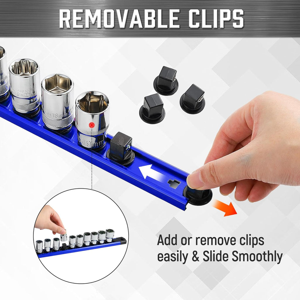 ALOANES 6-Piece Magnetic Rail Organizer, Heavy Duty Aluminum Rails, 360 Swivel Clips Socket Holder Kit for Tool Box, 1/2, 3/8, 1/4-Inch Socket Holder x 80 Clips (Blue)