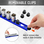 ALOANES 3-Piece Magnetic Socket Organizer, Heavy Duty Aluminum Socket Rails Organizer, 360° Swivel Clips Socket Holder Kit for Tool Box, 1/2-Inch Socket Holder x 36 Clips (Blue)