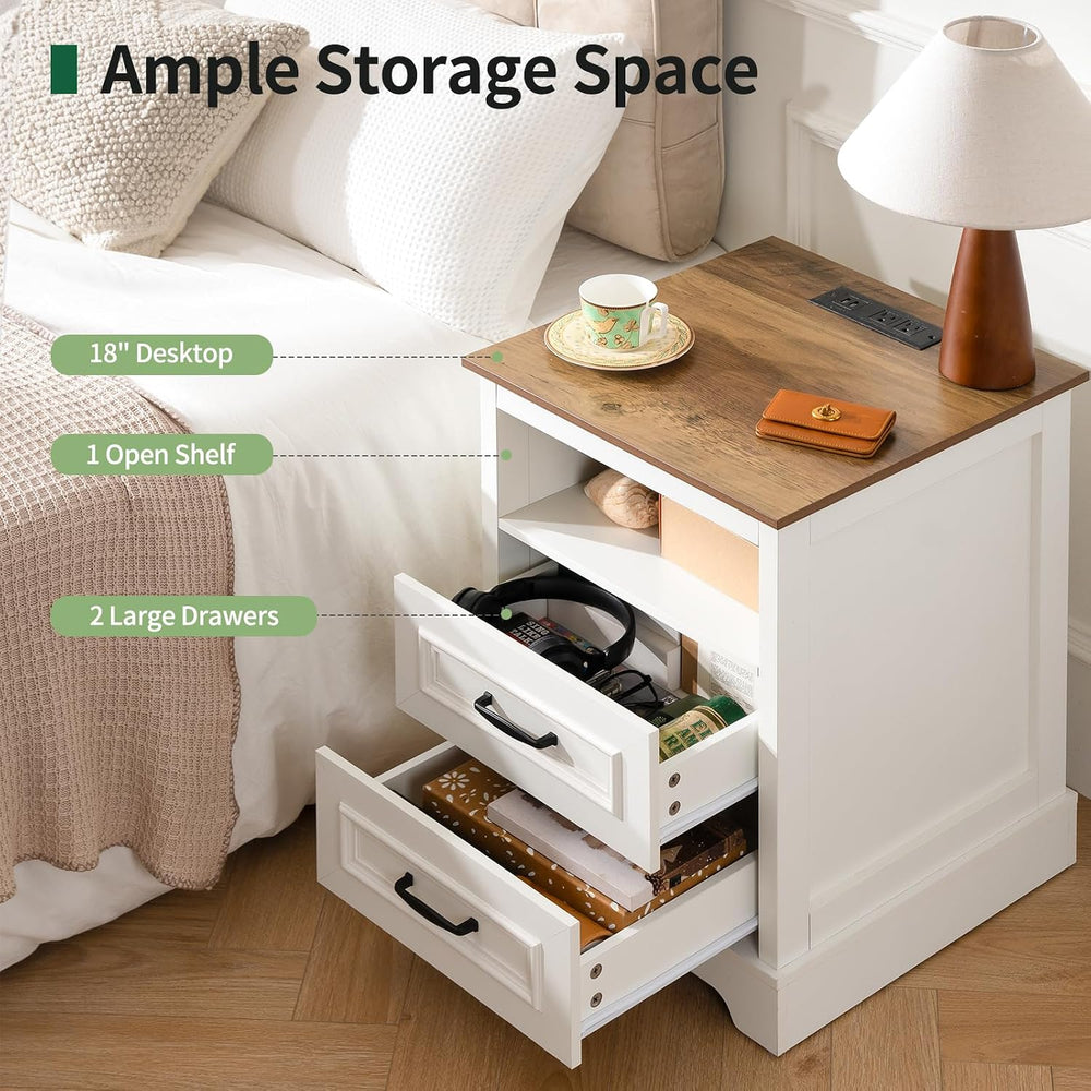 Farmhouse Nightstand with Charging Station, Wood Night Stand with Drawers, Be...
