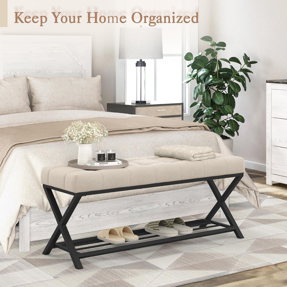 LUE BONA 44.5” End of Bed Bench with Shelf, Linen Tufted Upholstered Storage ...