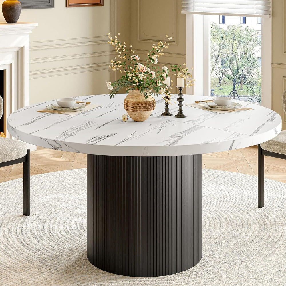 47 Inch Round Dining Table for 4, Circle Kitchen Table with Wood Strip Base, ...