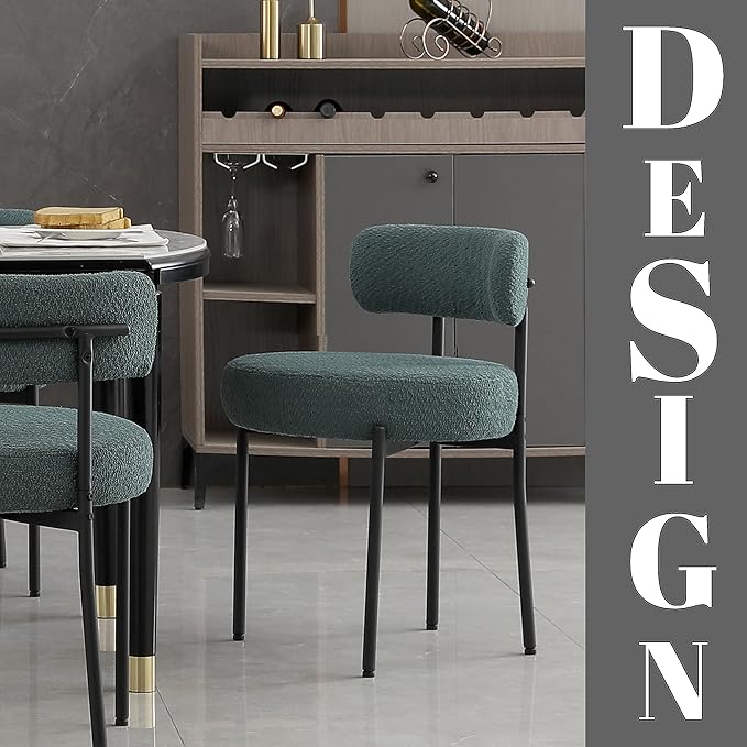 DYHOME Green Dining Chairs Set of 2, Mid-Century Modern Dining Chairs, Kitchen Dining Room Chairs, Curved Backrest Round Upholstered Boucle Sherpa Dining Chair with Black Metal Legs