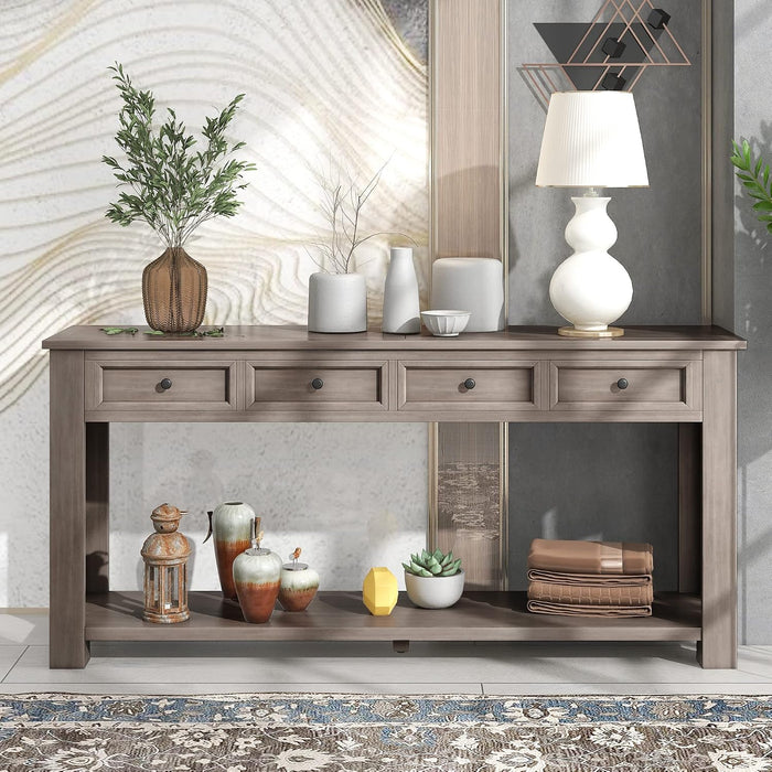 Knocbel Console Table with 4 Storage Drawers and Bottom Shelf, Rustic Distressed Sofa Table for Entryway Hallway Living Room, 63" W x 14" D x 30" H, Gray Wash Color