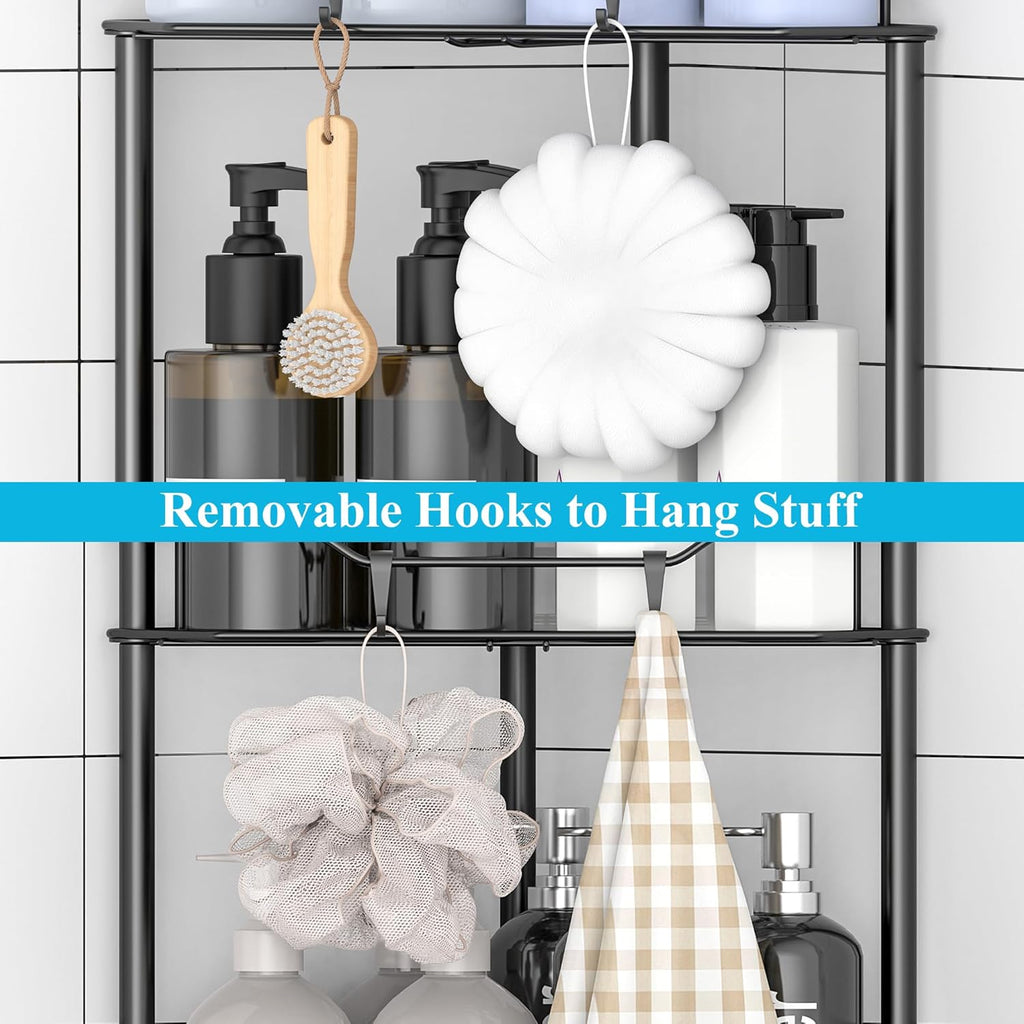 2 Tier Floor Standing Corner Shower Caddy Organizer Shelf with Hooks, Bathroom Shelves Stand Rack, Matt Black