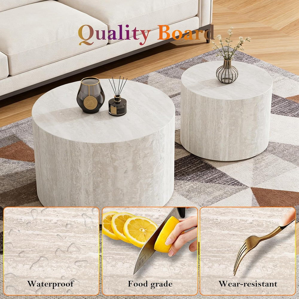 Round Travertine Nesting Coffee Table (A 18.1+14.6in) | Modern Circular Accen...