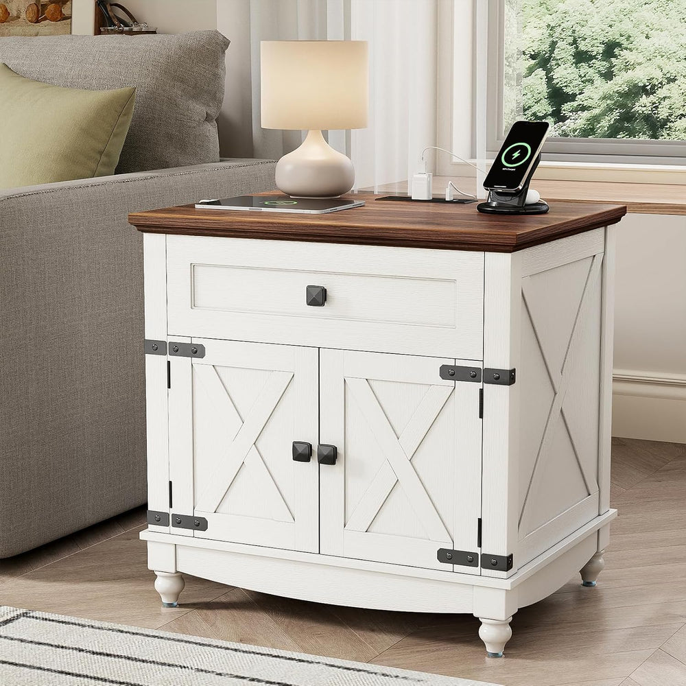 Farmhouse End Table with Charging Station, 24inch White Nightstand with Door ...