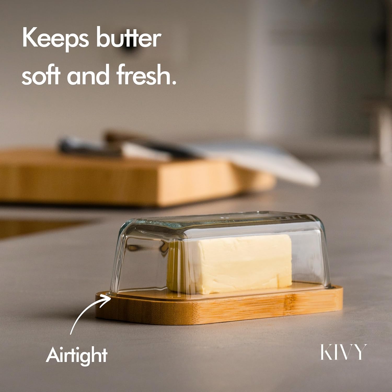KIVY Butter Dish (White Marble & Glass) - For countertop and refrigerator door shelf - Marble butter keeper - Stone butter dish - Glass butter dish with lid - Dishwasher Safe