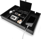 ULTRAY, Valet Tray for Men, Nightstand Organizer, Entry Table Organizer, Catch All, Black Faux Leather Box, 6 Compartments