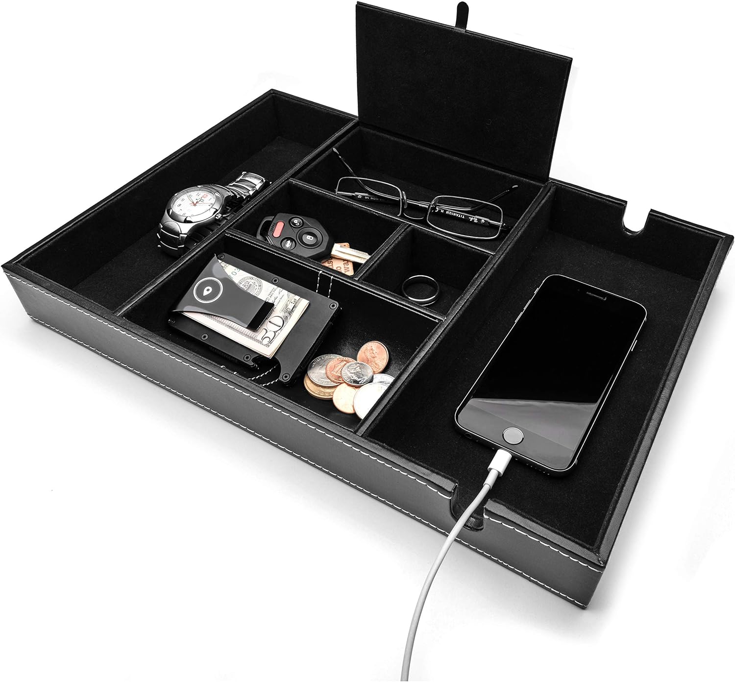 ULTRAY, Valet Tray for Men, Nightstand Organizer, Entry Table Organizer, Catch All, Black Faux Leather Box, 6 Compartments