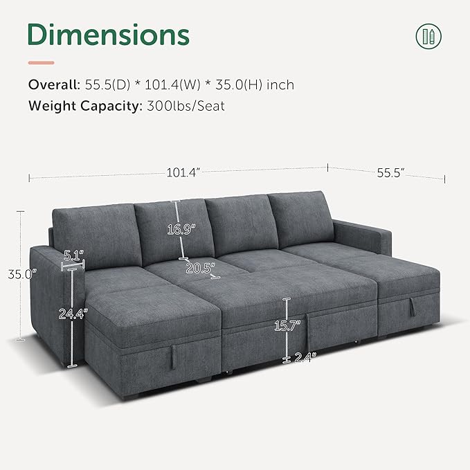 HONBAY Modular Sectional Sleeper Sofa Bed, Chenille Pull Out Couch with Storage Ottoman, U Shaped Sectional Couches for Living Room, Bluish Grey