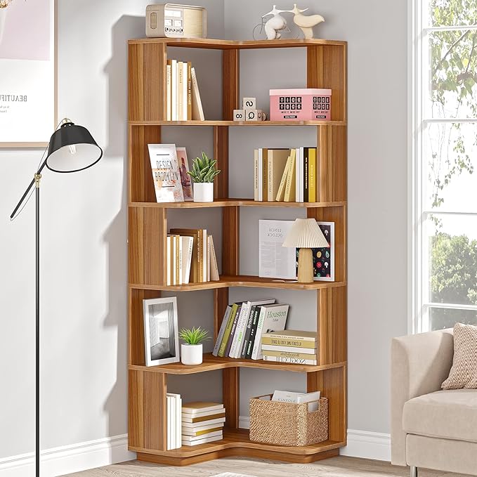 LITTLE TREE 6-Shelf Corner Bookshelf, 65” Tall L Shaped Bookcase, 6-Tier Industrial Corner Shelf Storage Display Rack for Living Room Home Office, Wood Grain Walnut