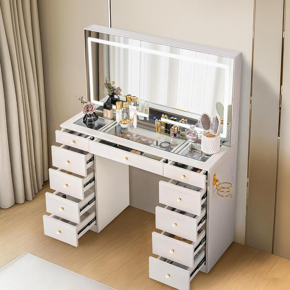 Pamapic Glass Top Vanity Desk with Crystal Handles and 11 Drawers, Makeup Van...