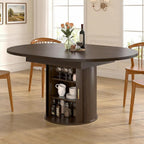 Extendable Round Dining Table: 47″–63″ Kitchen Table for 4 6 8 with Dust-Proof 2-Tier Storage Shelf Space Saving, Modern Farmhouse Expandable Wood Oval Circle Dinner Furniture with Pedestal Base