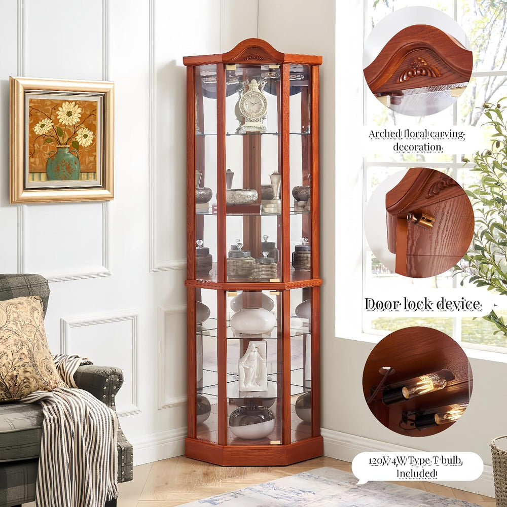 Classical Glass Cabinet Lighted, Wine Cabinet with Adjustable Glass Shelves, ...