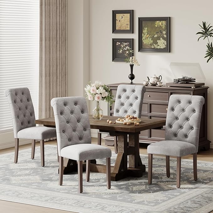 Upholstered Tufted Dining Room Chairs Set of 4, Parsons Kitchen Chairs with Padded Seat and Solid Wood Legs, Fabric Accent Side Diner Chair for Dining Room/Kitchen/Living Room, Light Grey