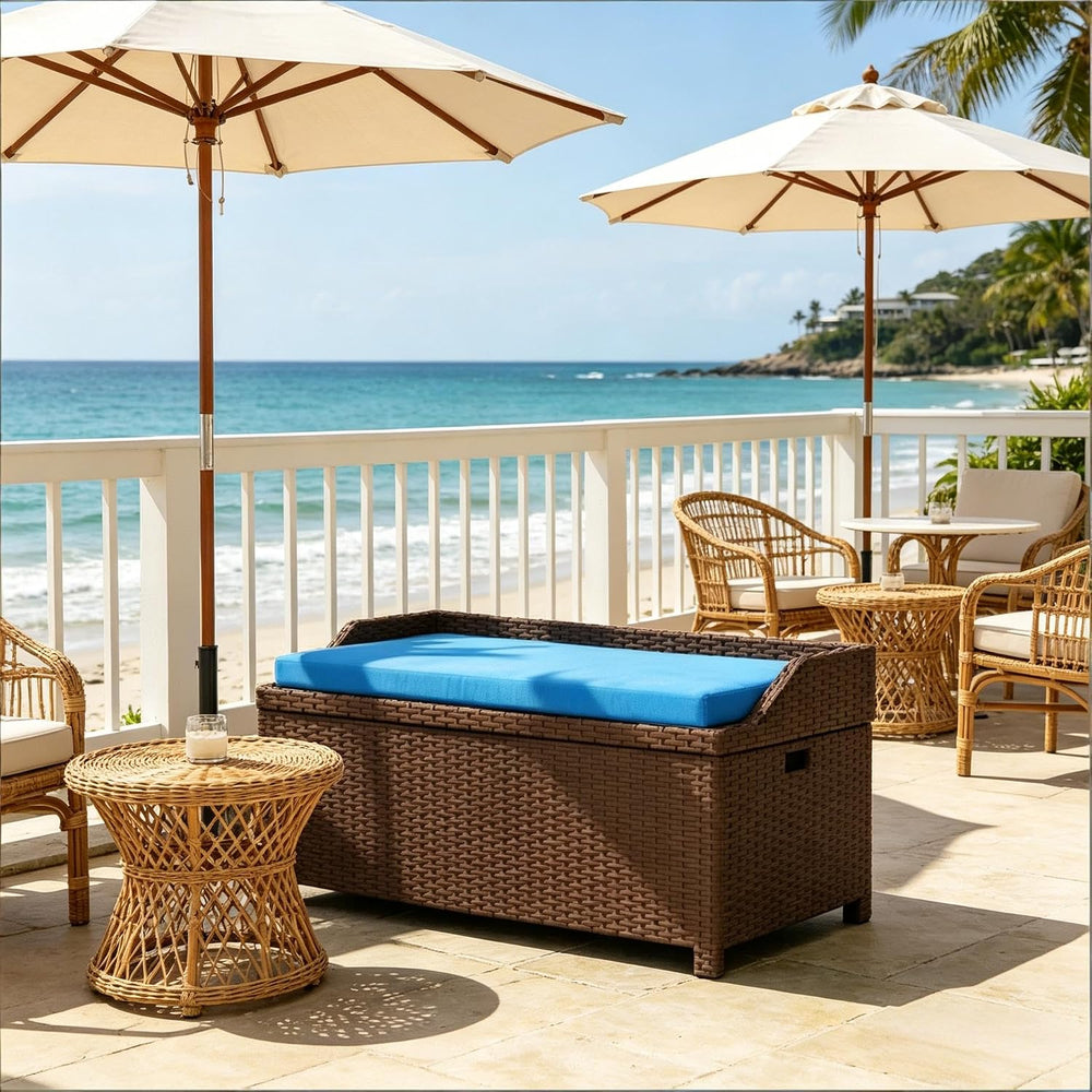 2-in-1 Outdoor Wicker Storage Bench with Cushion - 34 Gallon Patio Deck Box w...