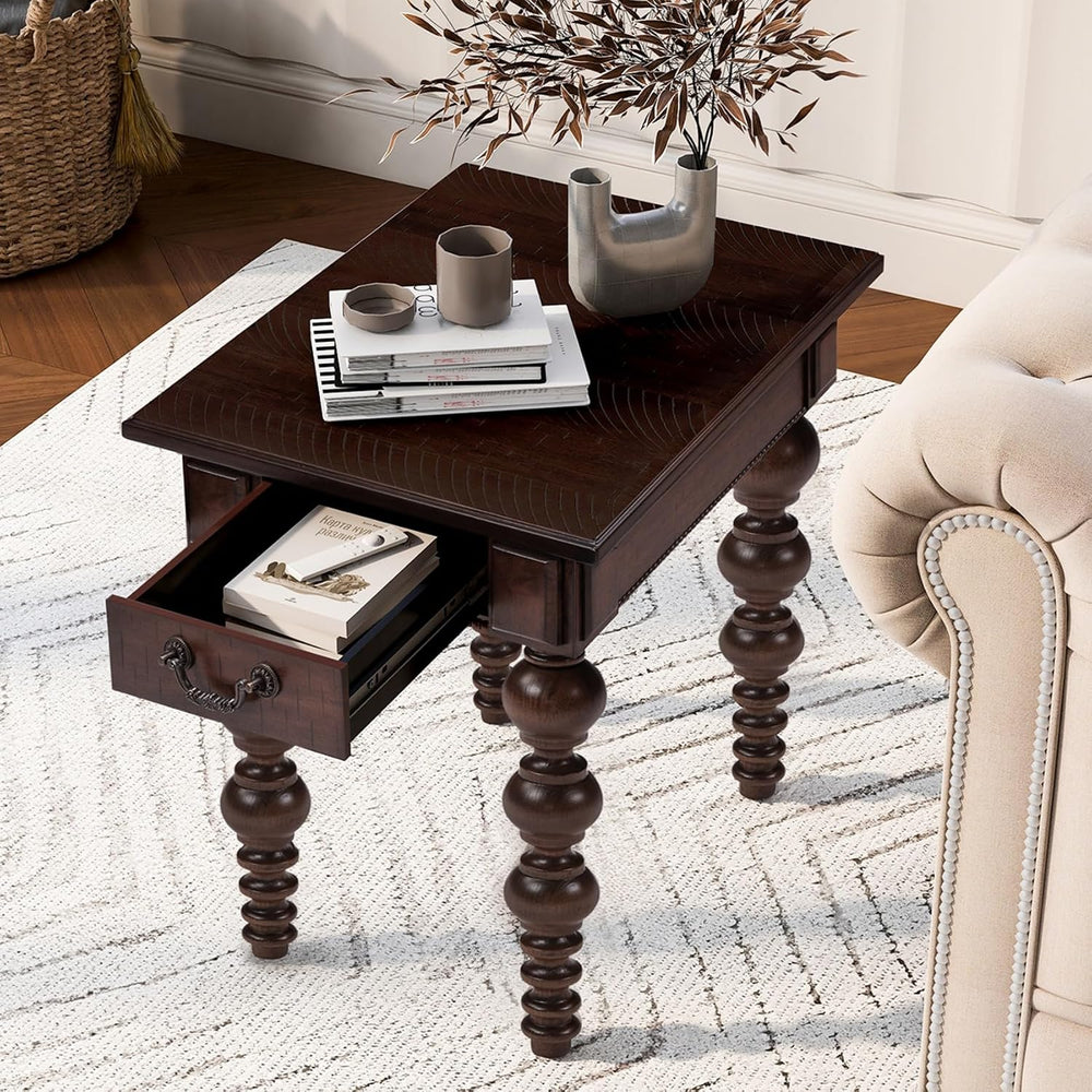 KEIKI Solid Rubber Wood Round Side End Table with Storage Drawer, Traditional...