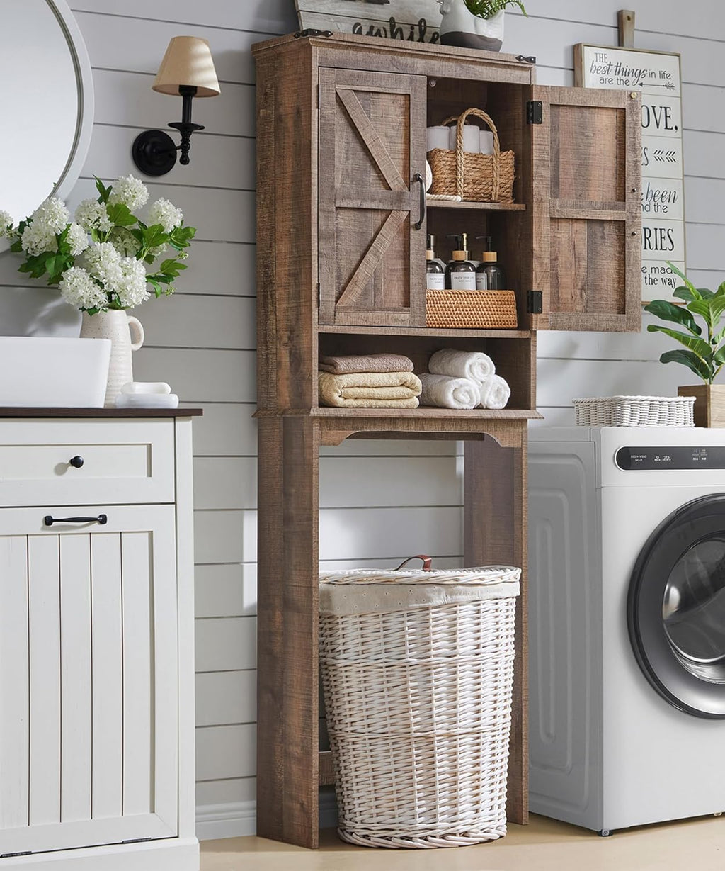 ACCOHOHO Over The Toilet Storage Cabinet, Farmhouse Bathroom Cabinet with Adjustable Shelf & Barn Door, 67" Tall Over The Toilet Shelf, Rustic Brown