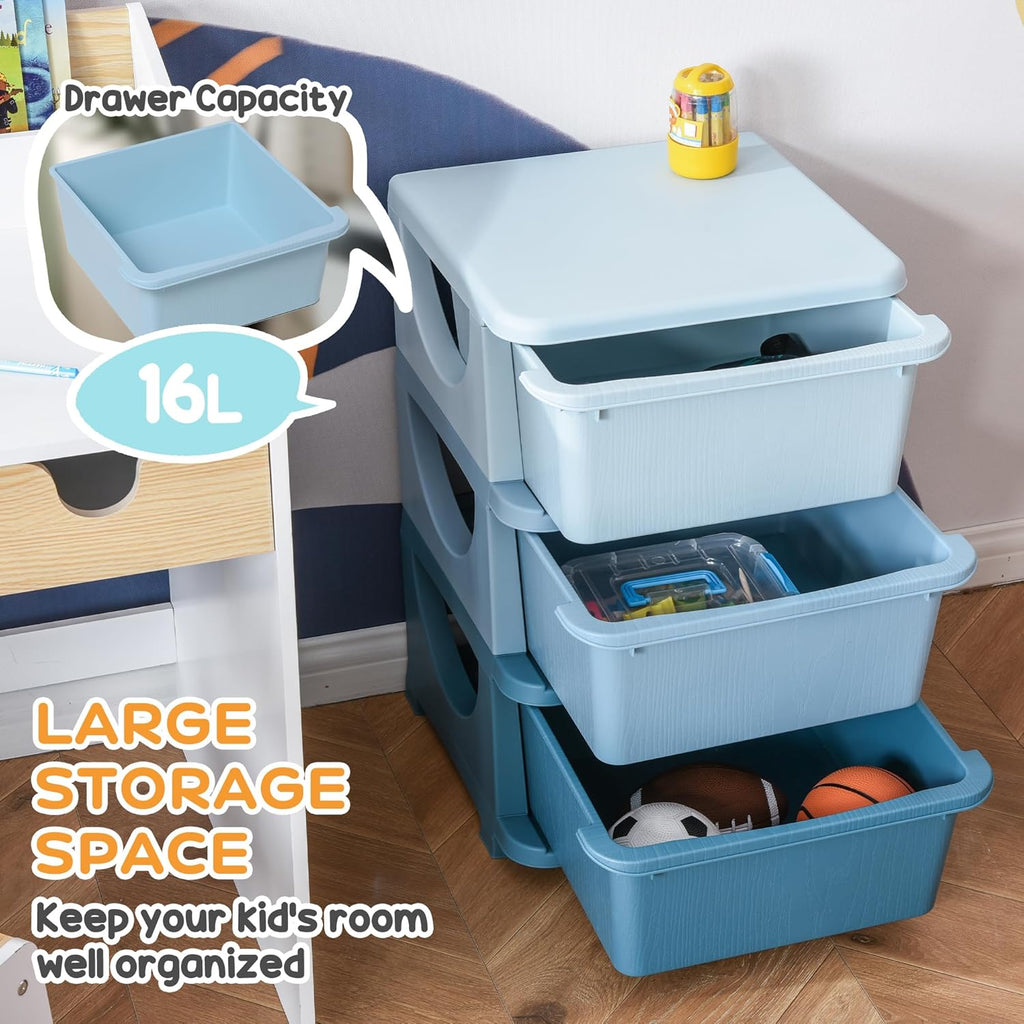 Qaba 3 Tier Kids Storage Unit, 3 Drawer Chest Toy Organizer Plastic Bins for Kids Bedroom Nursery Kindergarten Living Room for Boys Girls Toddlers, Blue