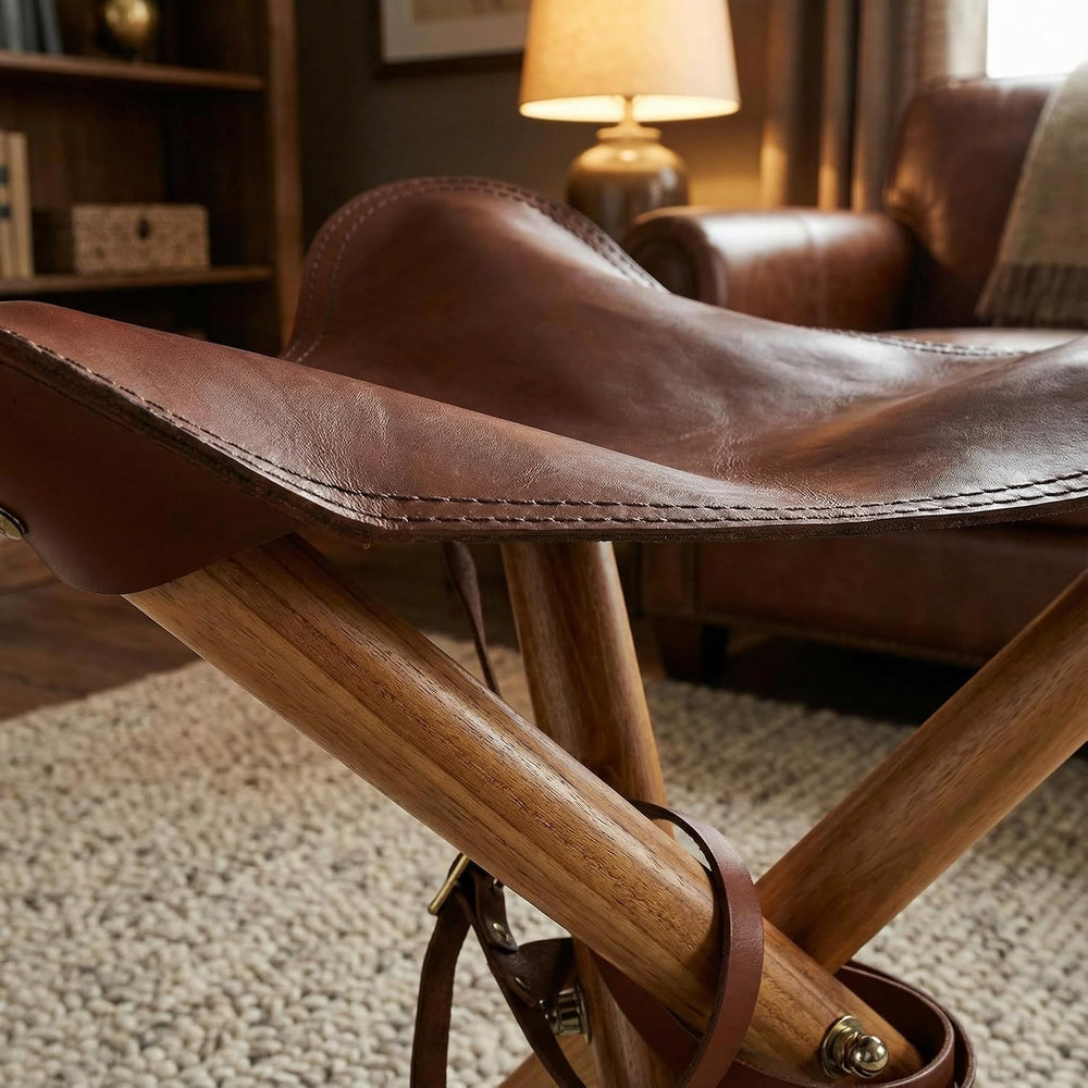 Bare Decor Cuspand Teak and Genuine Leather Artist Folding Accent Stool in Brown