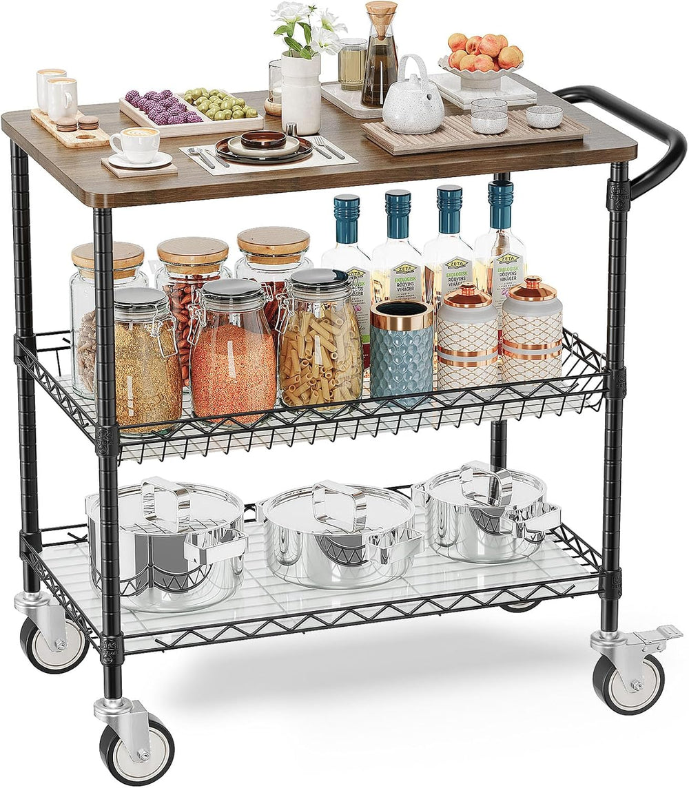 Rolling Kitchen Carts with Wheels, 3-Tier Utility Cart with Wood Tabletop