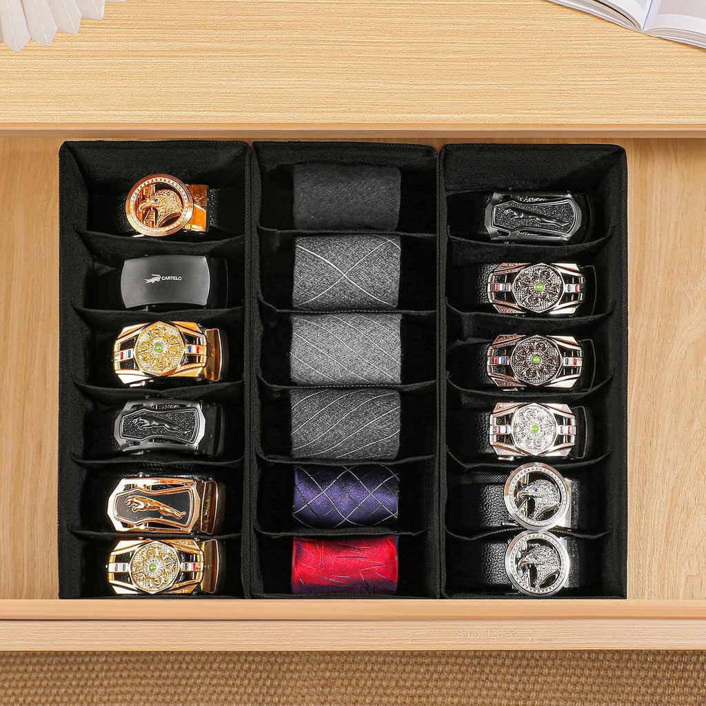 3 Pack Fabric Belt Organizer with 6 Grids per Organizer, Foldable Drawer Organizers for Closet and Drawer, Belt and Tie Holder - Black