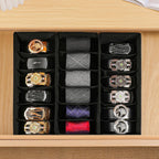 3 Pack Fabric Belt Organizer with 6 Grids per Organizer, Foldable Drawer Organizers for Closet and Drawer, Belt and Tie Holder - Black