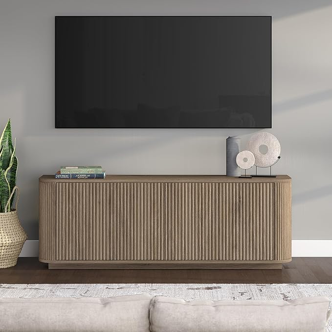 Henn&Hart Fluted TV Stand for TVs up to 75" with 2 Storage Cabinets with an Adjustable Shelf for Living Room, Family Room, or Office, Weathered Gray