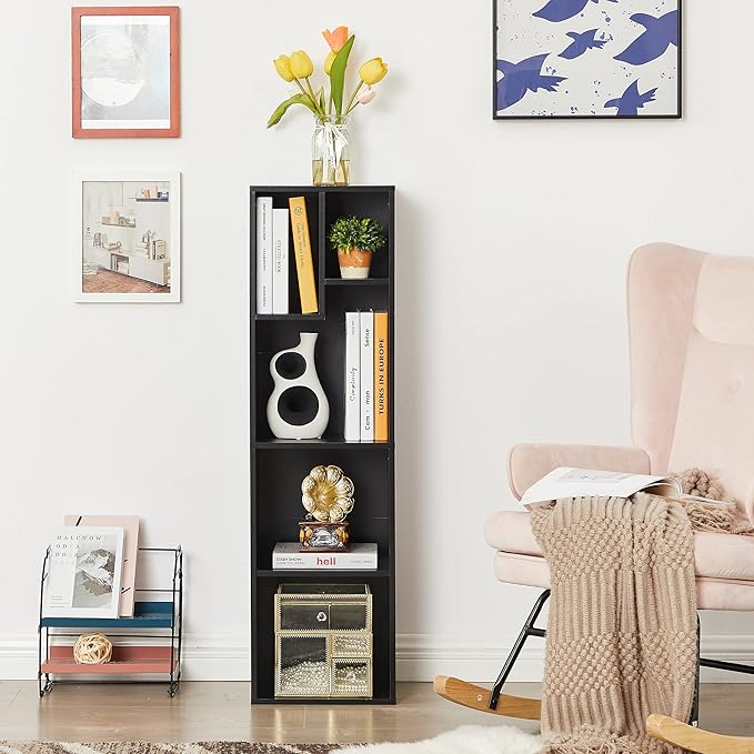 VECELO 4-Tier Bookcase, Modern Storage Cabinet with Height Difference Shelves for Standard Textbooks, 5 Cubes, Vertical or Horizontal, Easy Assembly,Vintage Black
