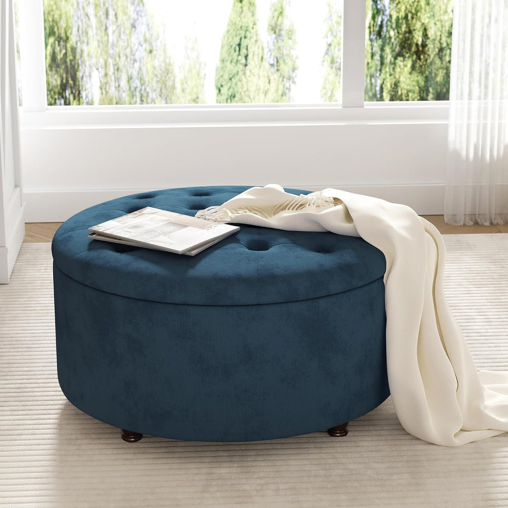 30 Inch Round Storage Ottoman,Modern Blue Tufted Ottomans,Circular Coffee Tab...