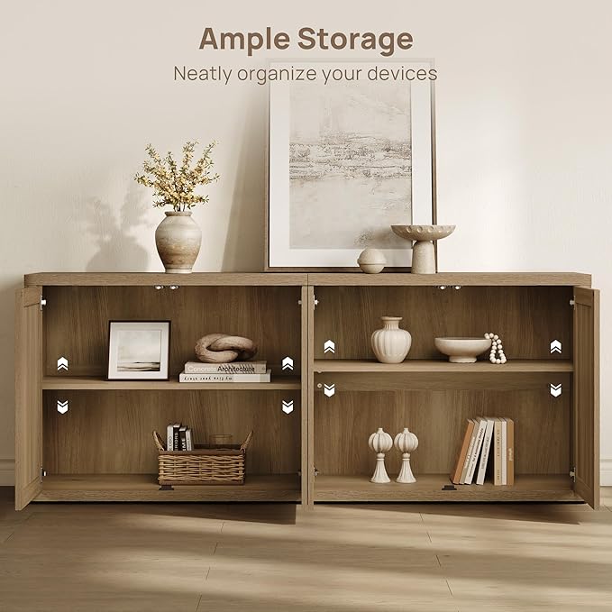 SICOTAS Rattan TV Stand for 65 70 inch TV - Large Entertainment Center TV Consoles for Living Room Bedroom, Farmhouse Television Stands with Storage Cabinet Boho Modular Media Console, Amber Oak