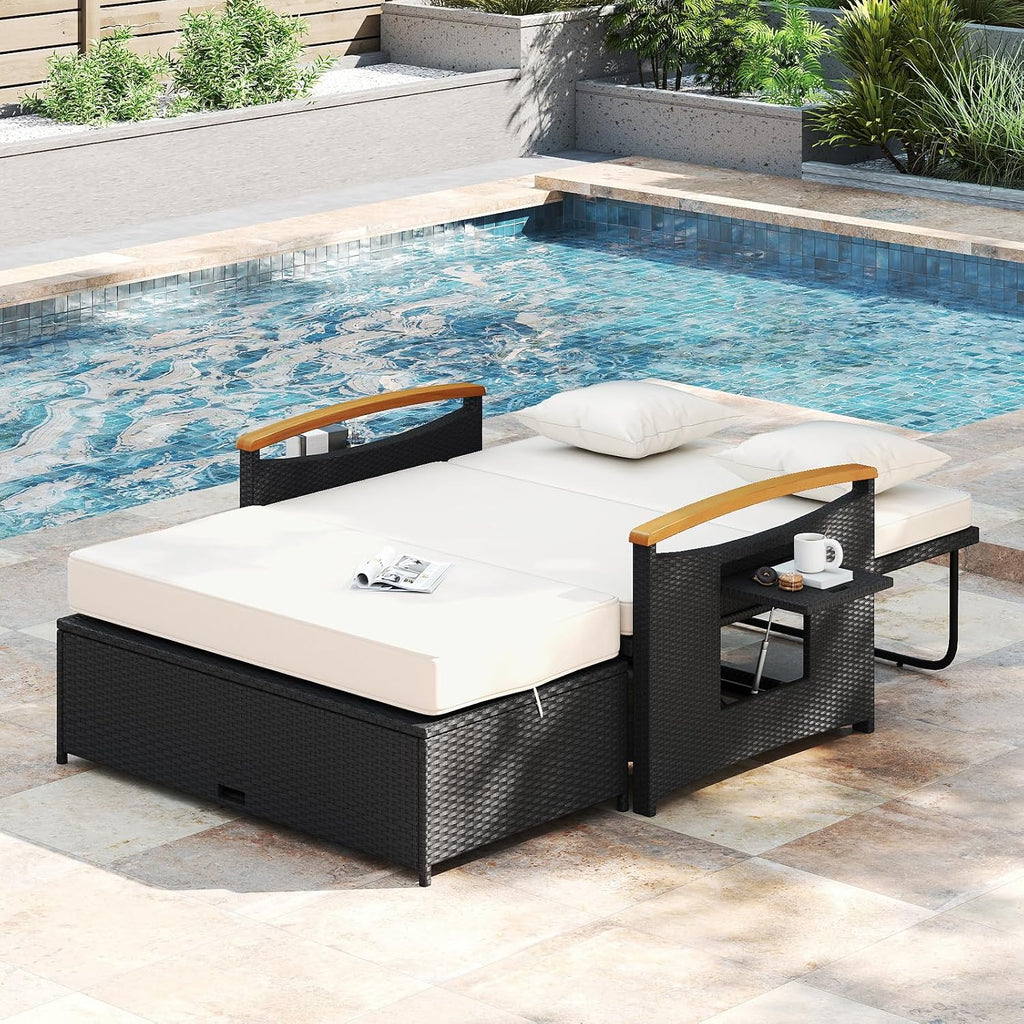 COSTWAY Patio Rattan Daybed, Outdoor Loveseat Sofa with Storage Ottoman, 4-Level Adjustable Backrest & Acacia Wood Armrest, Outdoor Wicker Daybed with Side Panels for Yard, Deck, Poolside (White)