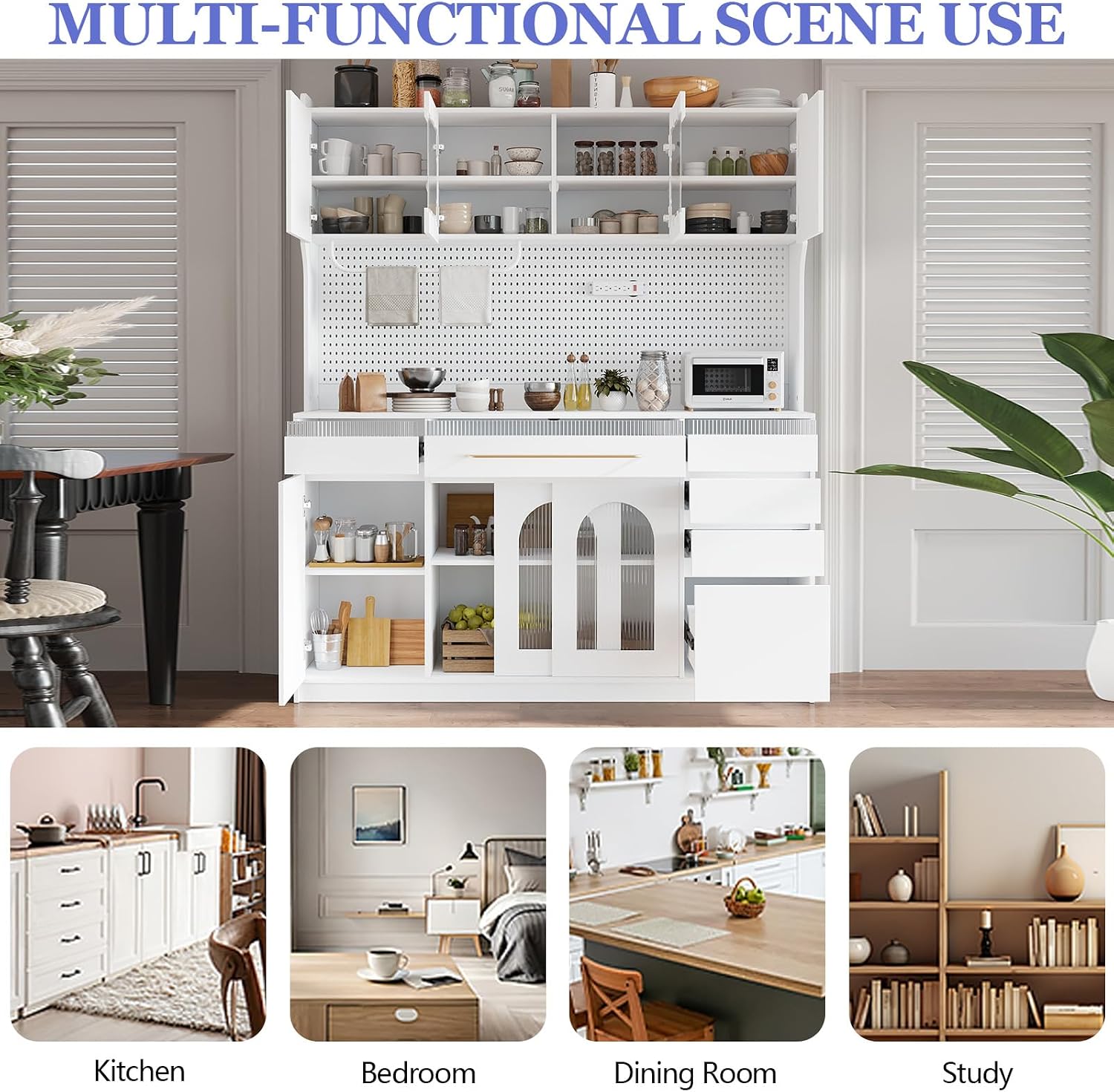 75" Pantry Cabinet, Wooden Cupboard with Power Outlet and 6 Storage Drawers, Large Kitchen Hutch Cabinet W/Countertop and Adjustable Shelves for Home Dining, 5 Cabinets/Pegboard/Towel Rack (White)
