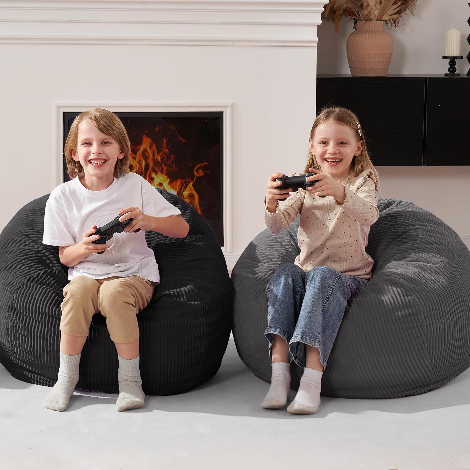 Homguava 2FT Bean Bag Chair,Teardrop Beanbag Chair Bean Bags with Handle | Small Bean Bag with Memory Foam Filled and Ultra Soft Corduroy Cover for Living Room, Bedroom（Black 2FT)