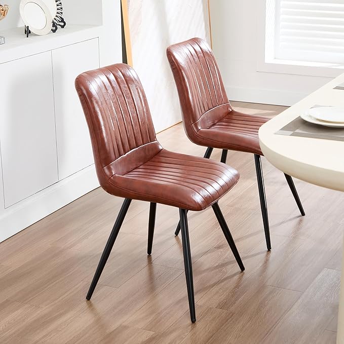 Dining Chairs Set of 2, Modern Dining Chairs with Thick Cushions, PU Leather Upholstered Kitchen Dining Room Chairs with Metal Legs for Dining Living Room (Reddish Brown)
