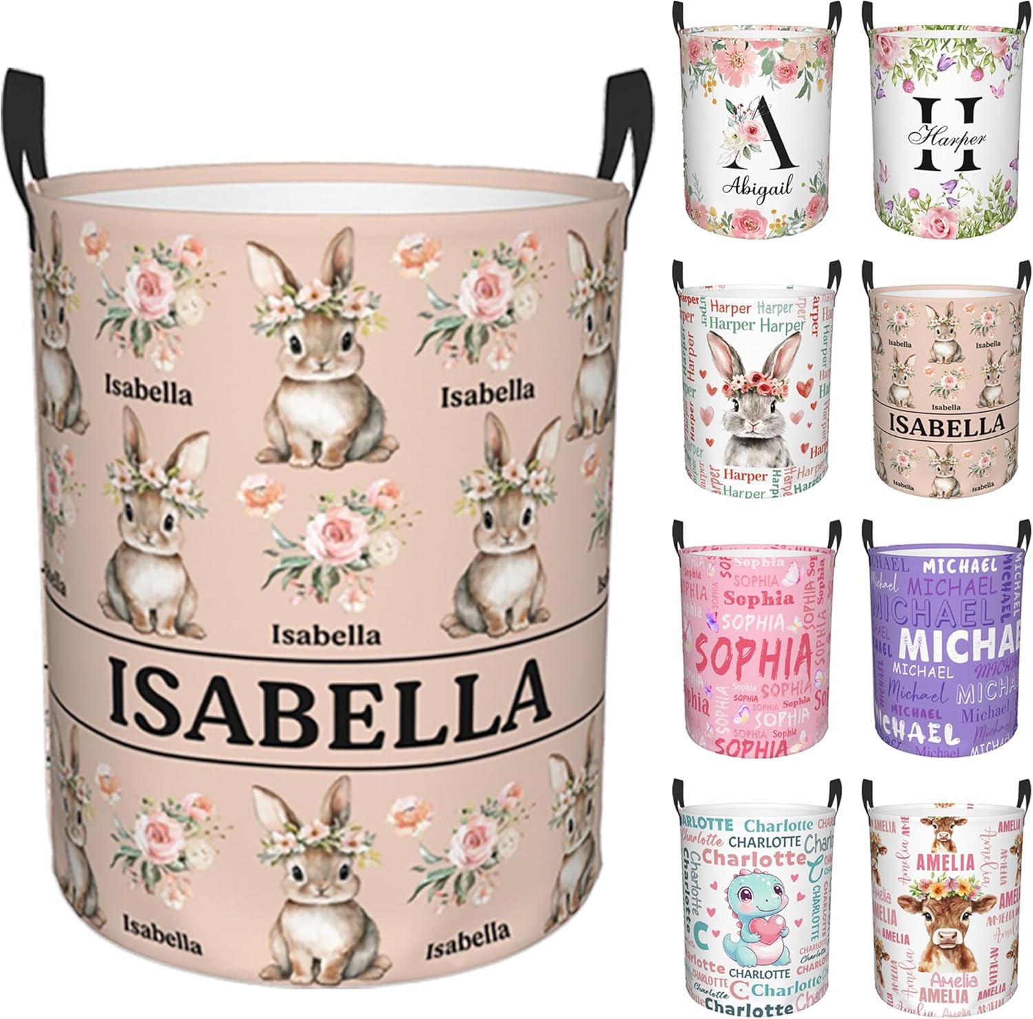 Custom Name Laundry Hamper, Personalized Rabbit Laundry Basket with Name for Boys Girls Kids Men Women, Customized Name Dirty Clothes Basket Gifts for Clothes Toy Bathroom Bedroom Laundry Room Dorm