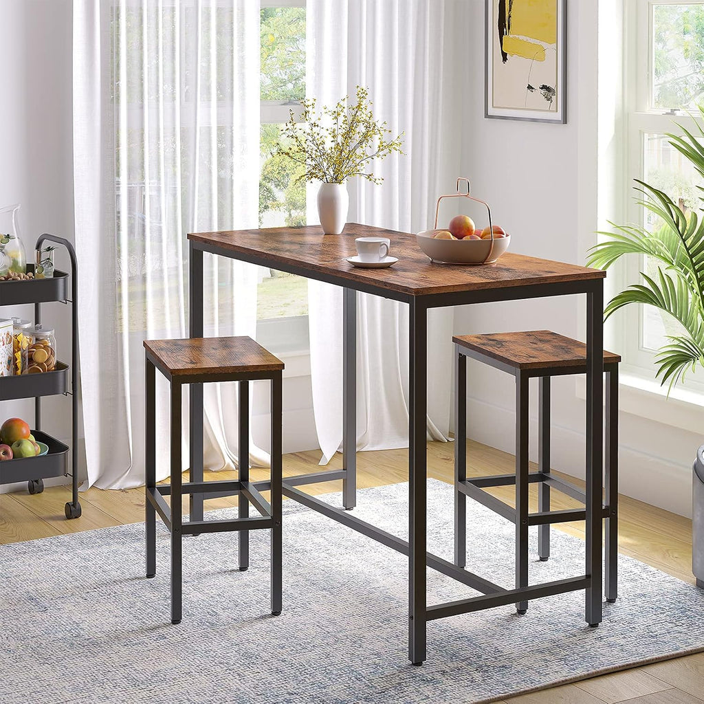 HOOBRO Bar Table and Chairs Set, 47.2” Rectangular Pub Table with 2 Stools for Small Space, 3-Piece Breakfast stools Set, Sturdy Metal Frame, Easy to Assemble, Rustic Brown BF52BT01