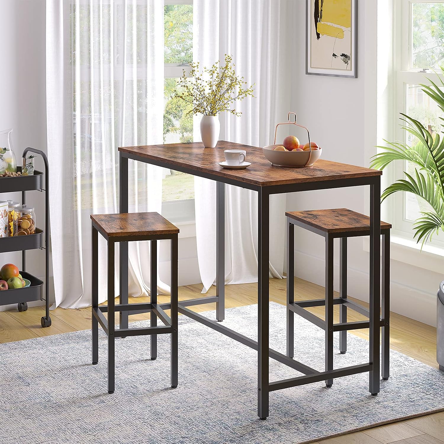 HOOBRO Bar Table and Chairs Set, 47.2” Rectangular Pub Table with 2 Stools for Small Space, 3-Piece Breakfast stools Set, Sturdy Metal Frame, Easy to Assemble, Rustic Brown BF52BT01