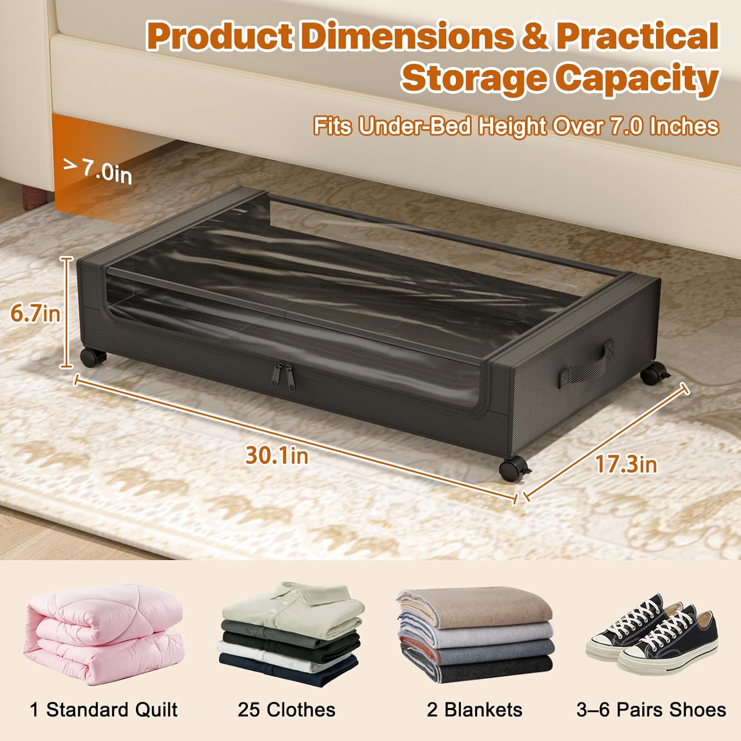 Under Bed Storage with Wheels,XXL 60L Under Bed Storage Containers with Clear Lids, Rolling Under Bed Metal Drawer for Clothes, Shoes,Toys (Black, 2 Pack)