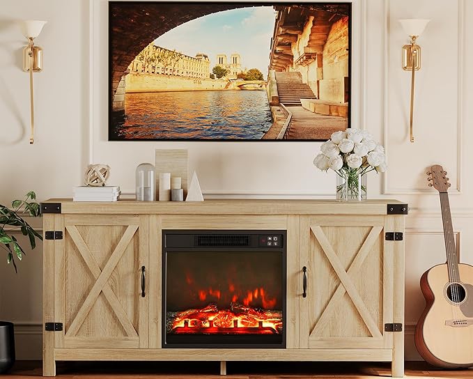 JUMMICO Fireplace TV Stand, Farmhouse Entertainment Center with Fireplace and Shelves, Double Barn Doors Storage Cabinets for TVs to 65+ Inch for Living Room (Pale Yellow)