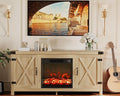 JUMMICO Fireplace TV Stand, Farmhouse Entertainment Center with Fireplace and Shelves, Double Barn Doors Storage Cabinets for TVs to 65+ Inch for Living Room (Pale Yellow)