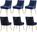 Velvet Dining Chairs Set of 6 Gold Legs,Upholstered Velvet Accent Chairs, Pleated Back Design & Gold Pull Handle, Mid Century Modern Chairs for Dining/Kitchen/Living Room,Blue