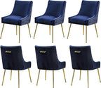 Velvet Dining Chairs Set of 6 Gold Legs,Upholstered Velvet Accent Chairs, Pleated Back Design & Gold Pull Handle, Mid Century Modern Chairs for Dining/Kitchen/Living Room,Blue